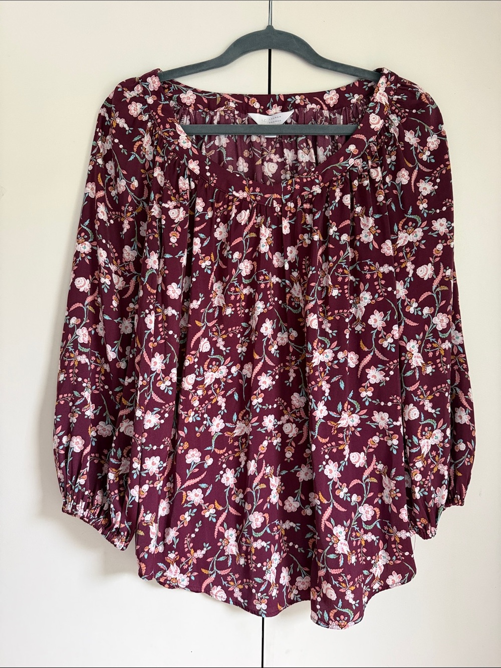 LC Lauren Conrad Burgundy Floral Peasant Blouse